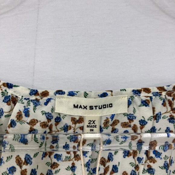 New Max Studio 2X Blue Brown Ditsy Floral Ruffle Cold Shoulder Cottagecore Top - Picture 2 of 10